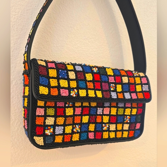 Staud NWOT Tommy Beaded Shoulder Bag In Dance Floor Glass Beads Leather Piping - Picture 7 of 16